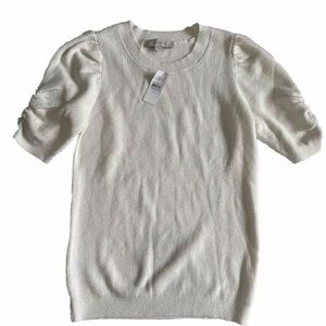 NWT Loft Puff Sleeves Fine Knit Sweater Top Lightweight Size Medium Cream White